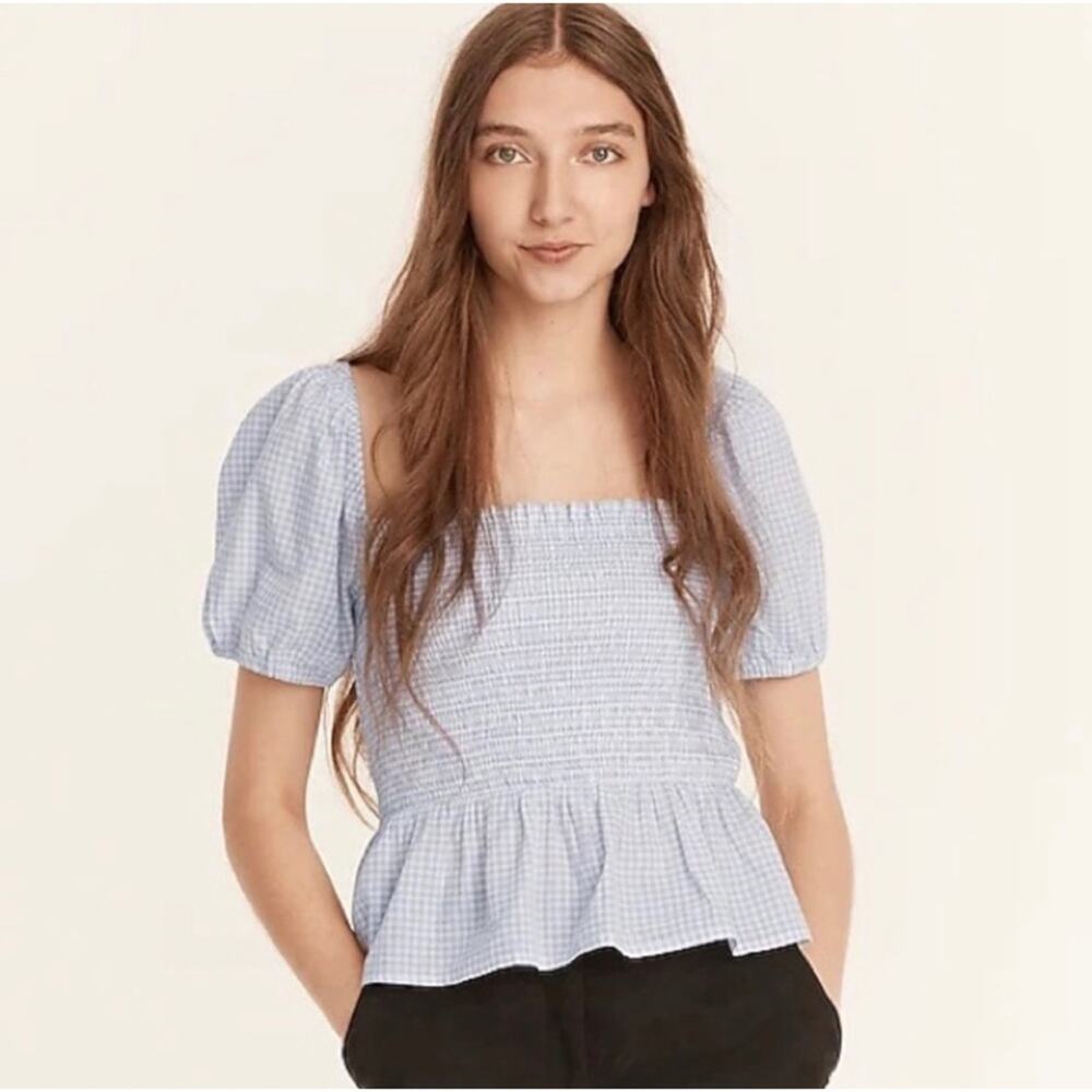 J Crew Squareneck smocked cotton voile top light blue gingham check puff sleeve